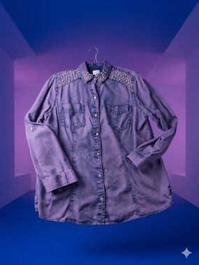 Chico's Lavender Studded Denim-Style Button Shirt